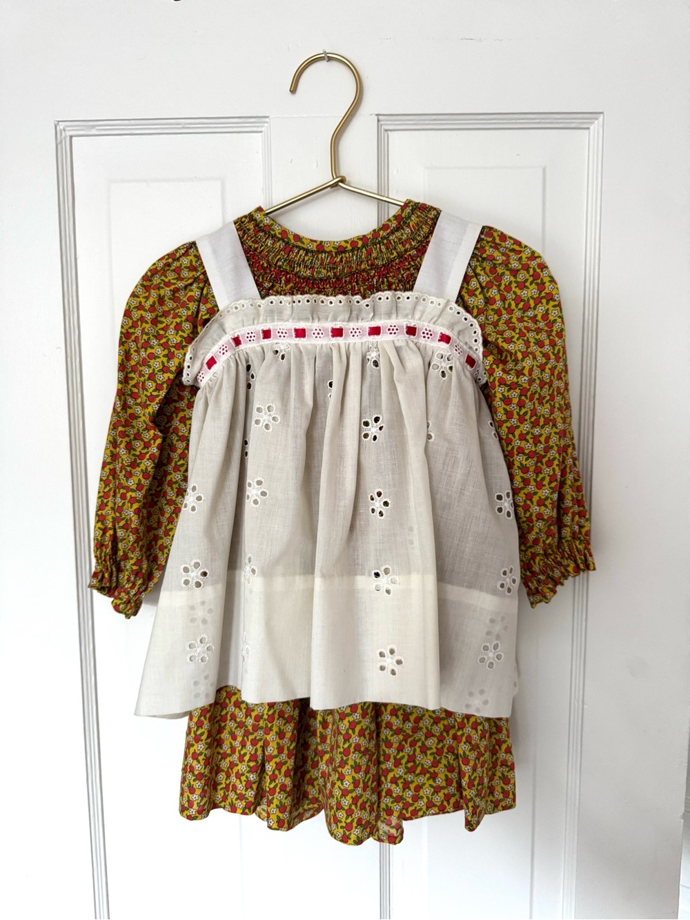 Vintage Handmade Baby Girl Yellow Dress and Apron- Eyelet Pinafore, Apple Print